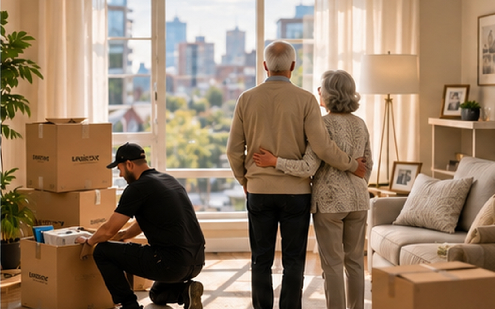 Movers helping a senior with a downsizing move in Montreal