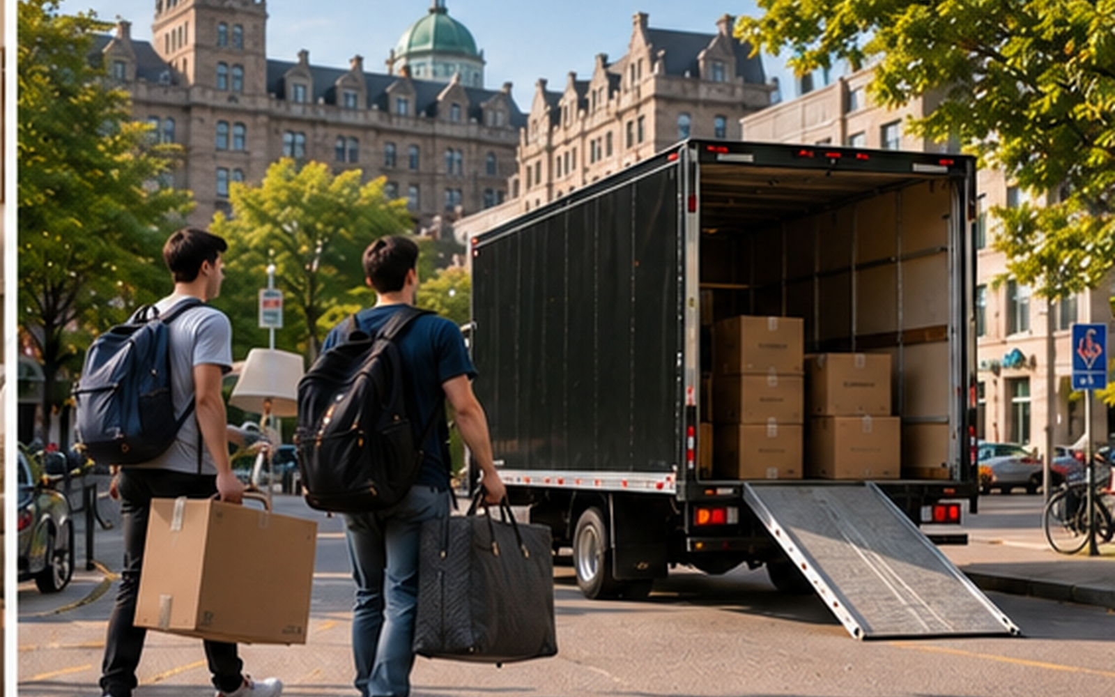 Déménageurs montant des boîtes vers un appartement étudiant près d'un campus montréalais